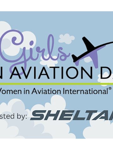 illustration of some clouds in the sky with the words "Girls in Aviation Day, a women in aviation even, hosted by Sheltair" also on the graphic.