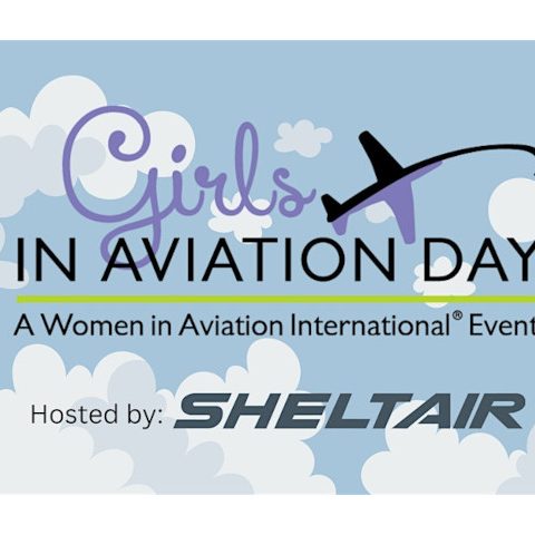 illustration of some clouds in the sky with the words "Girls in Aviation Day, a women in aviation even, hosted by Sheltair" also on the graphic.