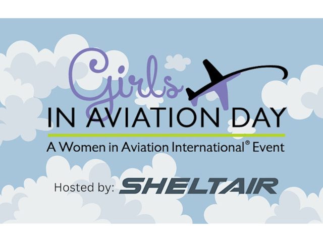 illustration of some clouds in the sky with the words "Girls in Aviation Day, a women in aviation even, hosted by Sheltair" also on the graphic.