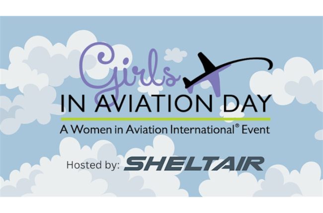 illustration of some clouds in the sky with the words "Girls in Aviation Day, a women in aviation even, hosted by Sheltair" also on the graphic.