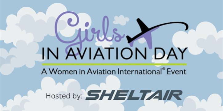 illustration of some clouds in the sky with the words "Girls in Aviation Day, a women in aviation even, hosted by Sheltair" also on the graphic.