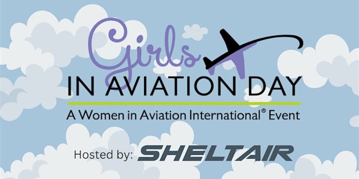 illustration of some clouds in the sky with the words "Girls in Aviation Day, a women in aviation even, hosted by Sheltair" also on the graphic.